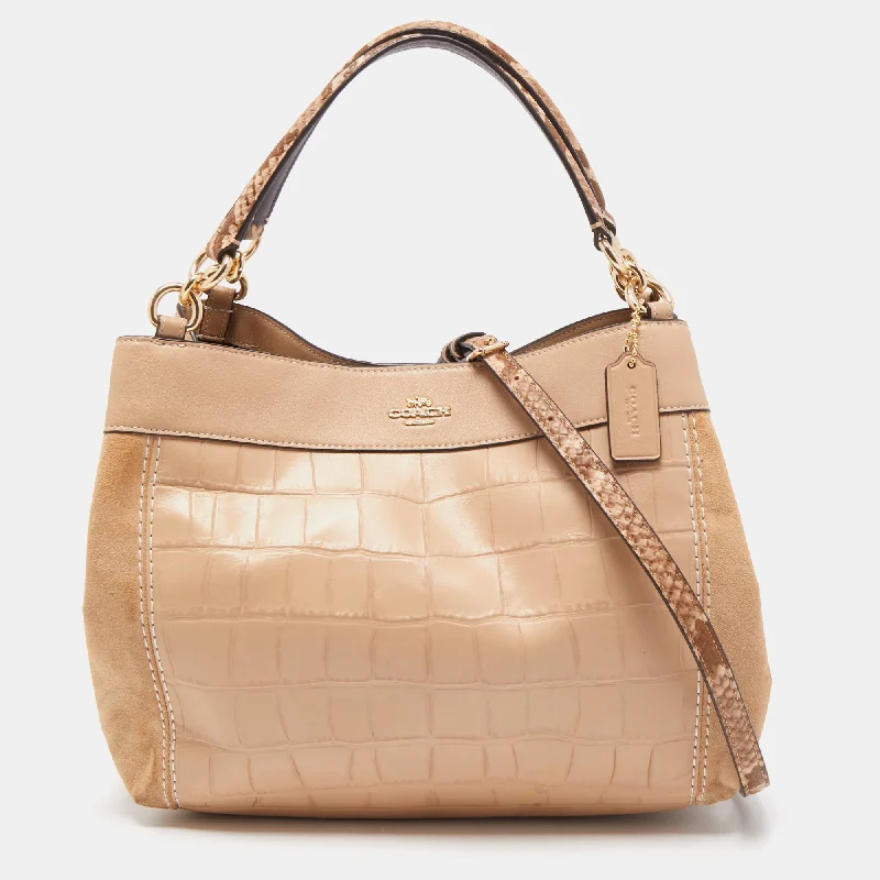 Beige Suede, Croc and Python Embossed Leather Small Lexy Shoulder Bag