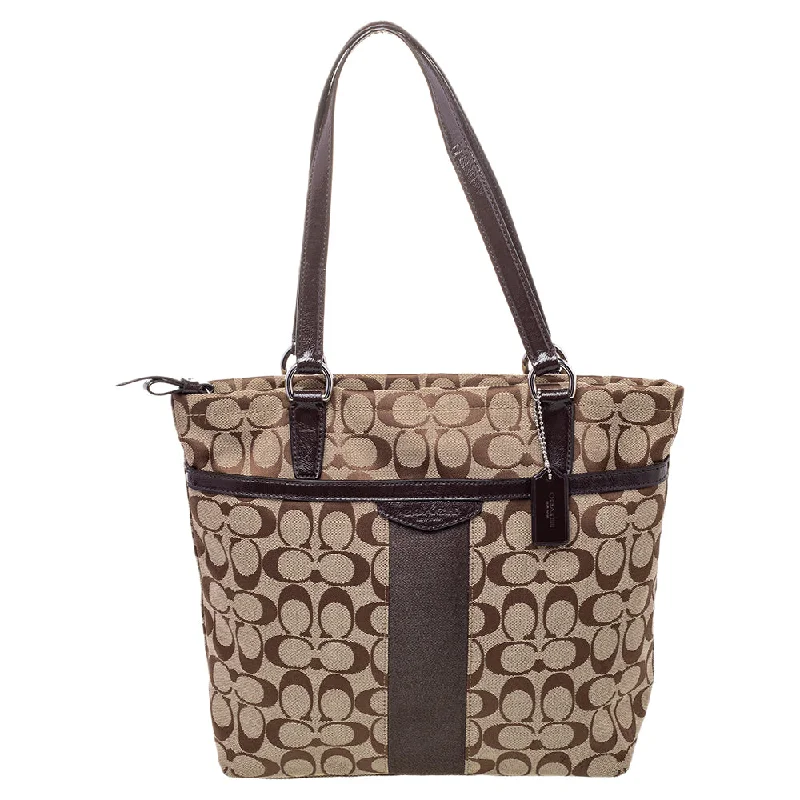 Brown /Beige Canvas And Patent Leather Top Zip Tote