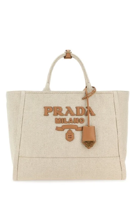 Prada Women Sand Canvas Shopping Bag