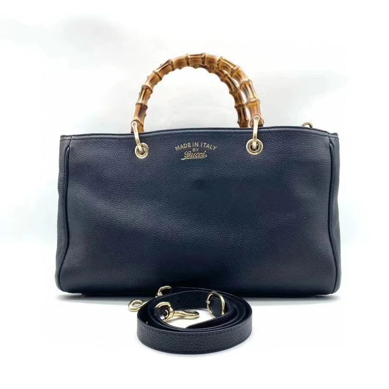 Gucci Bamboo Bag Black Leather Medium HandBag with Removable Strap