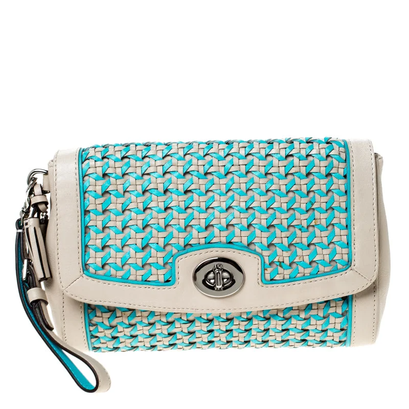 Beige/Blue Caning Leather Flap Wristlet Clutch