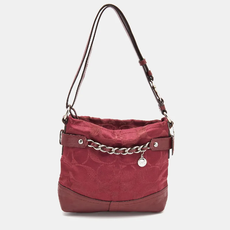 Burgundy Signature Satin and Leather Chain Detail Hobo