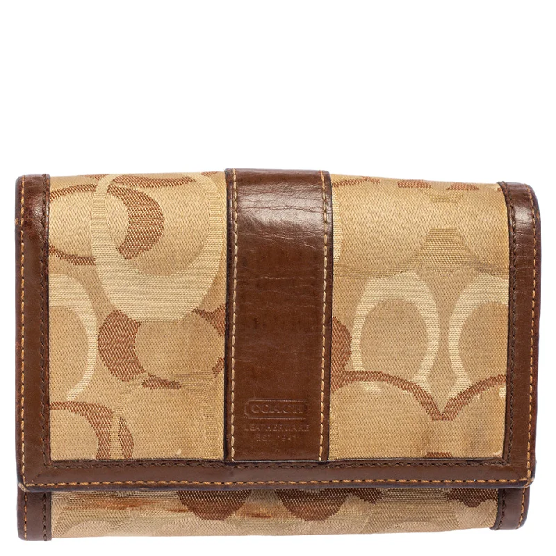 Beige/Brown Signature Canvas and Leather Compact Wallet