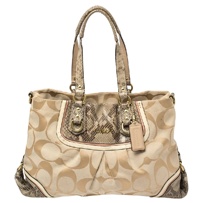 Beige Signature Canvas And Python Embossed Leather Ashley Tote