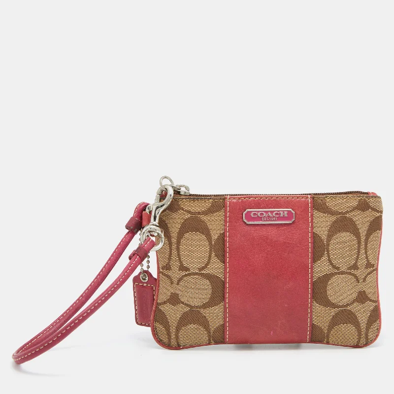 Beige/Pink Signature Canvas and Leather Wristlet Pouch