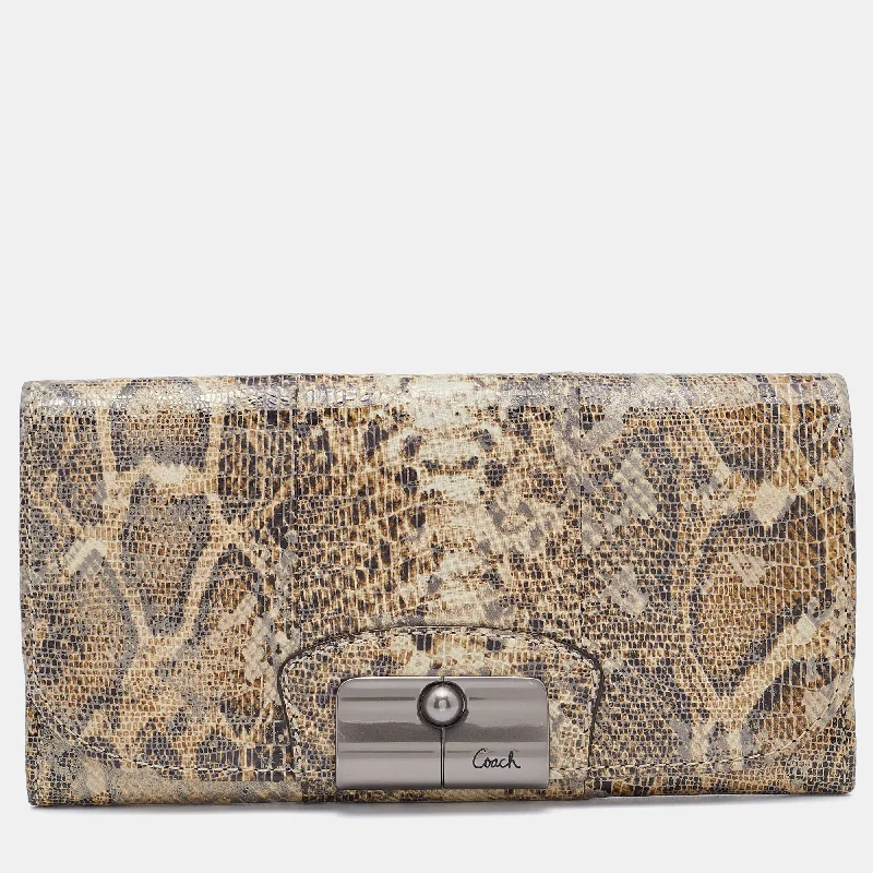 Brown/Beige Python Embossed Leather Flap Continental Wallet