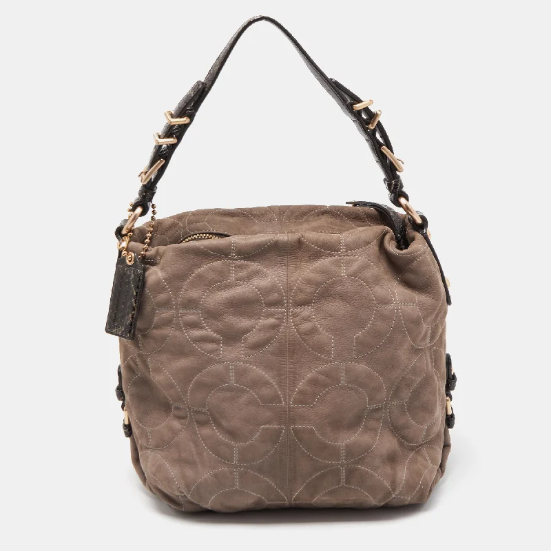 Grey/Dark Brown Op Art Signature Nubuck Leather Zip Hobo