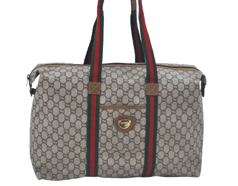 Authentic GUCCI Web Sherry Line Travel Boston Bag GG Plus PVC Brown L0625