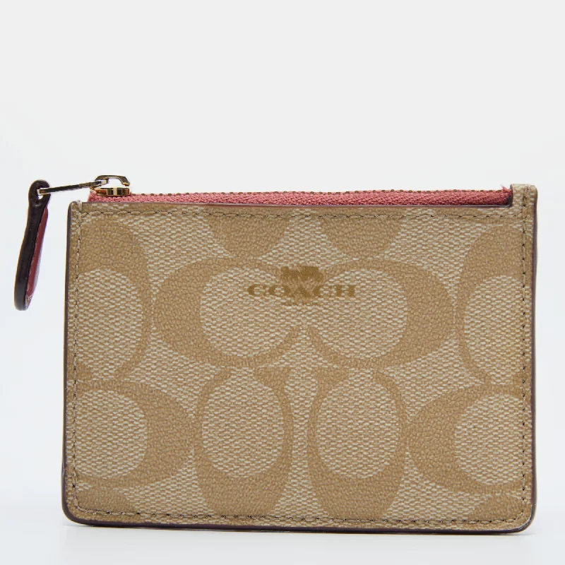 Beige/Pink Signature Coated Canvas and Leather Zip Card Holder