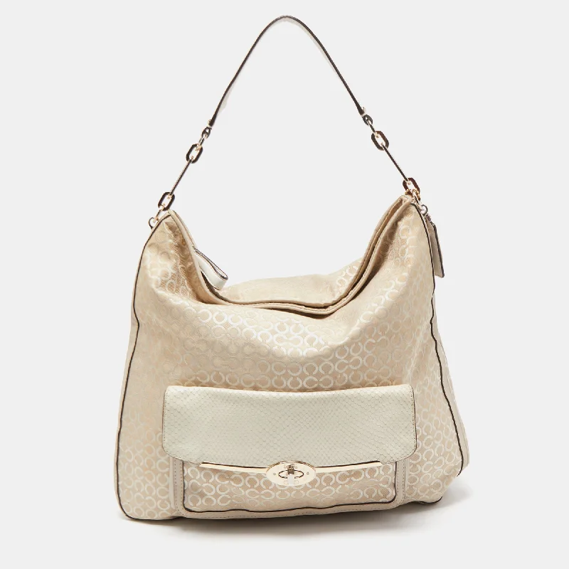 Cream Op Art Fabric and Leather Madison Hobo