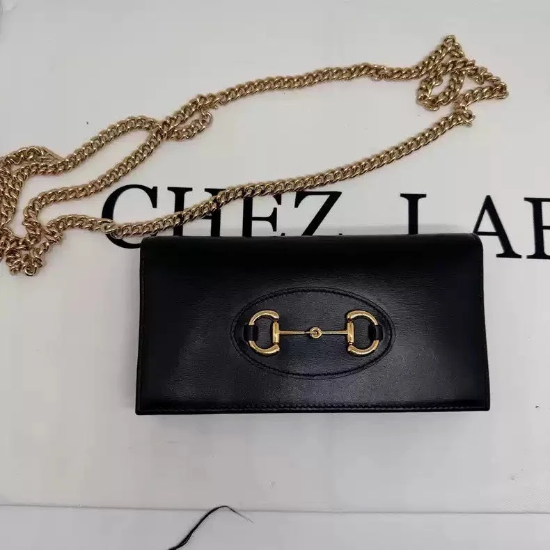 Gucci 1955 Black Leather WOC Chain Bag Gold Horsebit Wallet on Chain