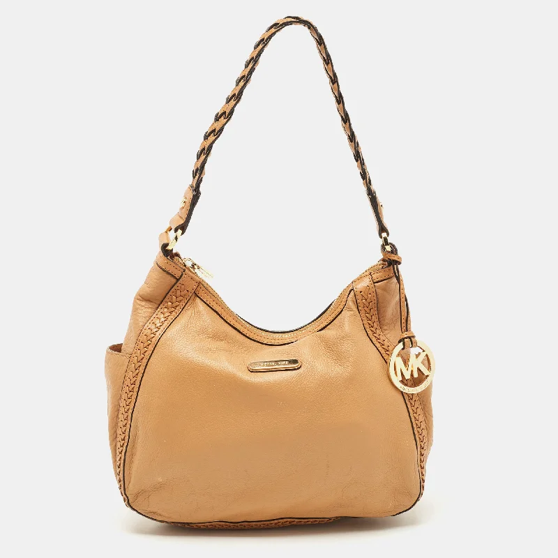 Brown Leather Braided Handle Hobo