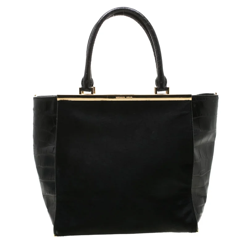 Black Calf Hair and Croc Embossed Leather Large Lana Tote