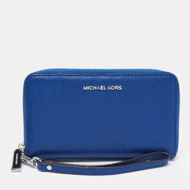 Blue Leather Jet Set Zip Around Wristlet Wallet