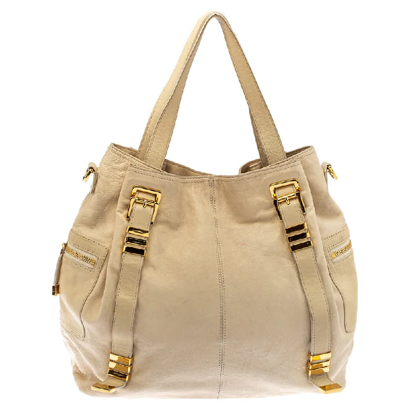 Cream Leather Buckle Side Pocket Shoulder Bag