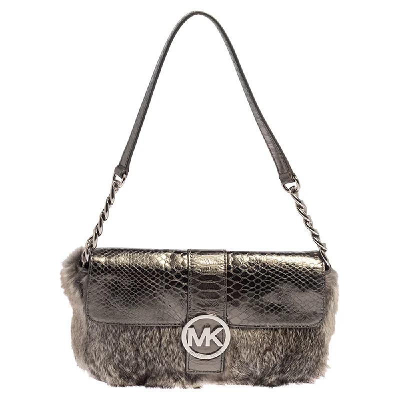 Metallic Grey Python Embossed Leather and Rabbit Fur Fulton Baguette