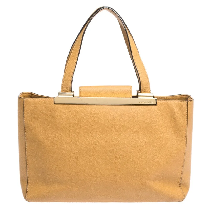 Light Brown Leather Metal Detail Handle Tote