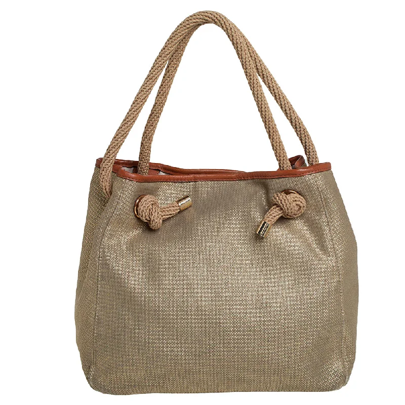 Metallic Beige/Brown Canvas and Leather Large Isla Tote