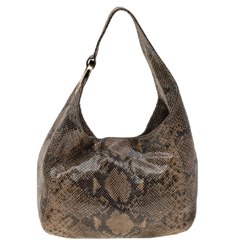 Brown Python Embossed Leather Hobo