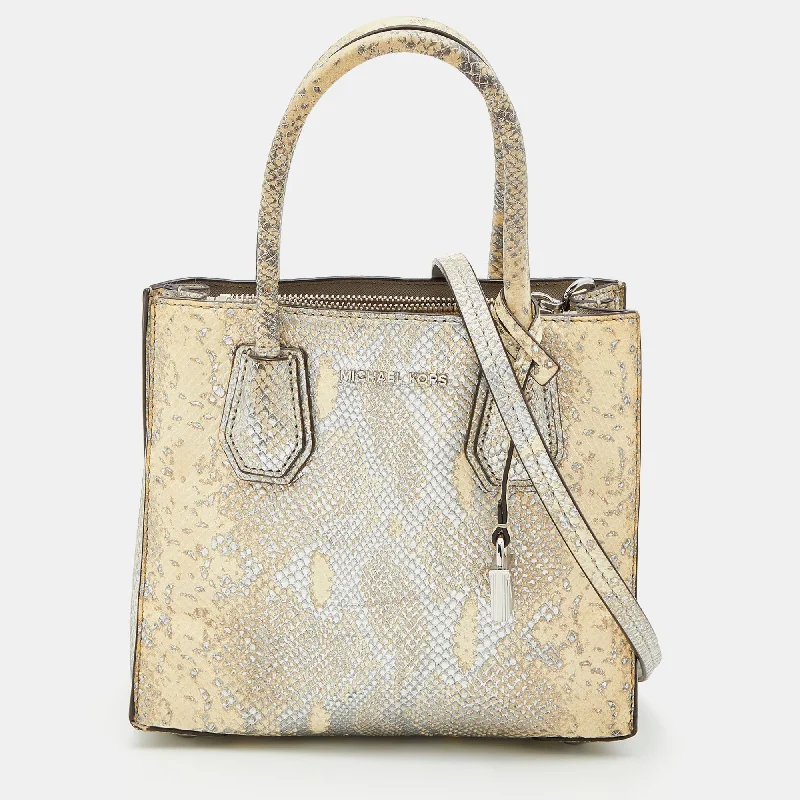 Beige/Gold Python Embossed Leather Small Mercer Tote