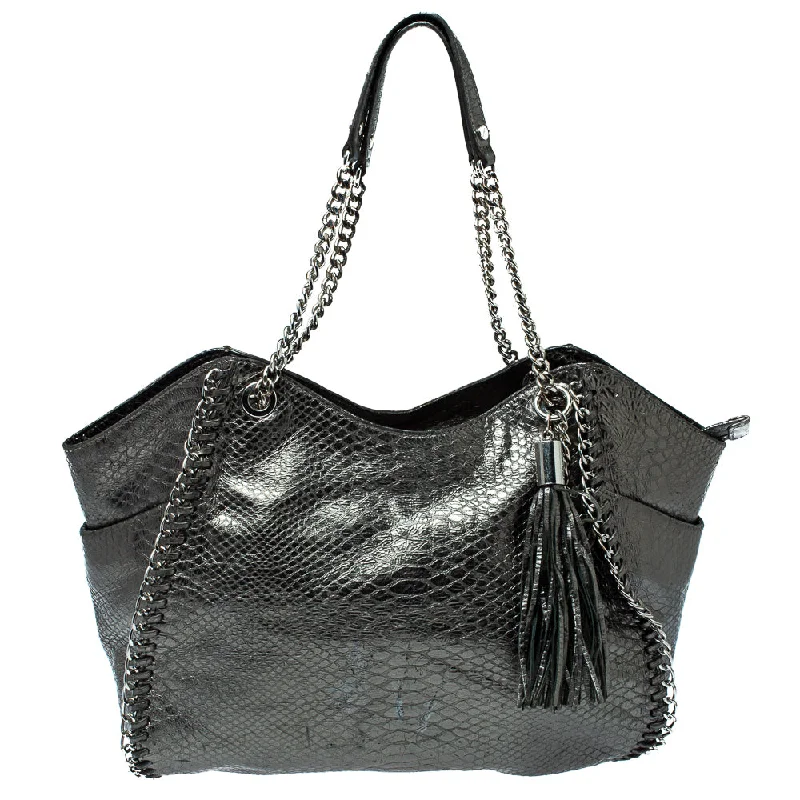 Metallic Python Effect Leather Tassel Chain Detail Satchel