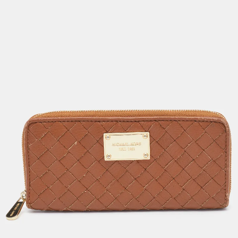 Tan Leather Woven Zip Around Wallet