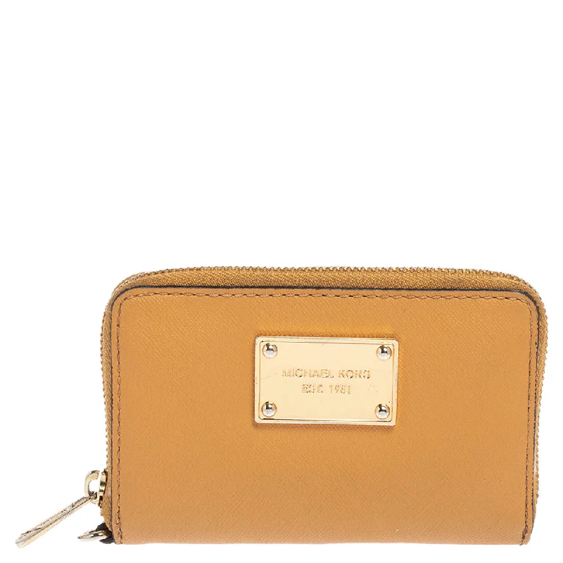 Tan Leather Zip Around Wristlet Wallet.