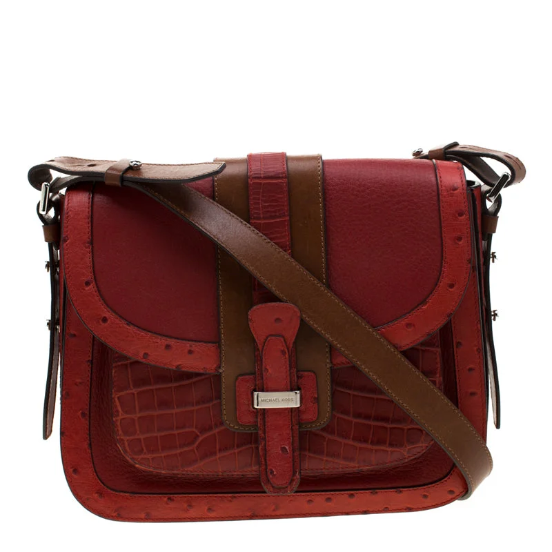 Red/Tan Croc/Ostrich Embossed Leather Gia Saddle Bag