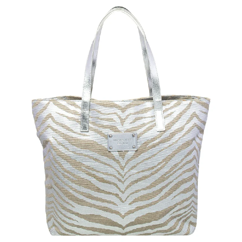 Silver/Beige Canvas And Patent Leather Tote