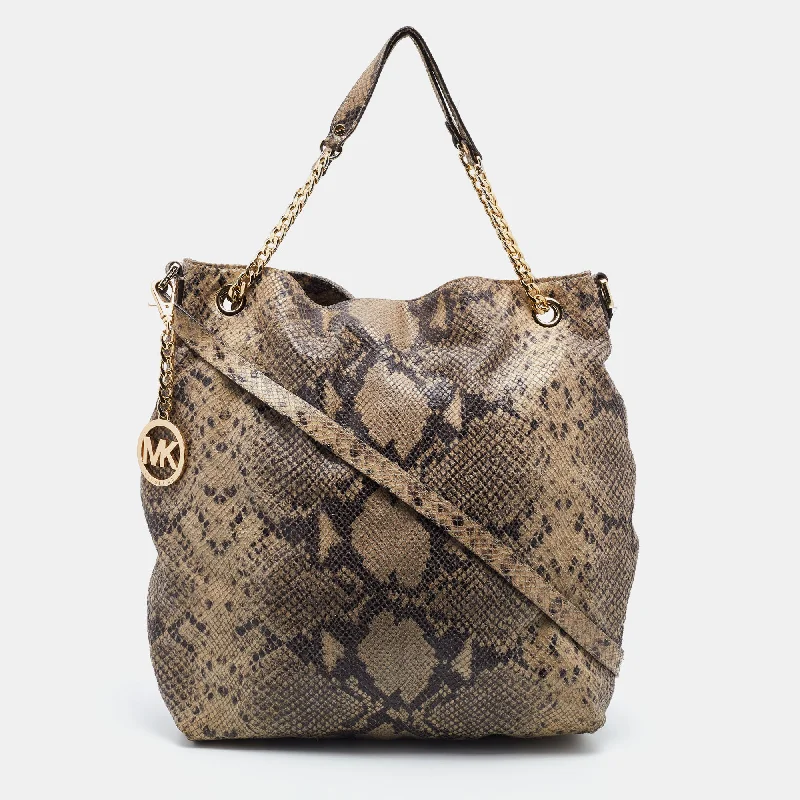 Beige Snakeskin Embossed Leather Cynthia Shoulder Bag