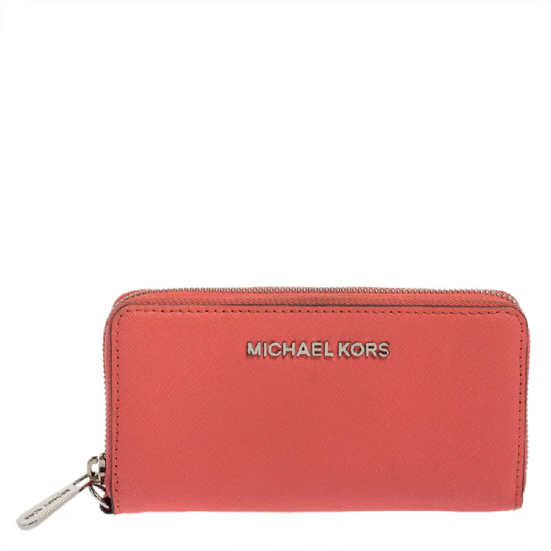 Pink Leather Zip Around Wristlet Wallet