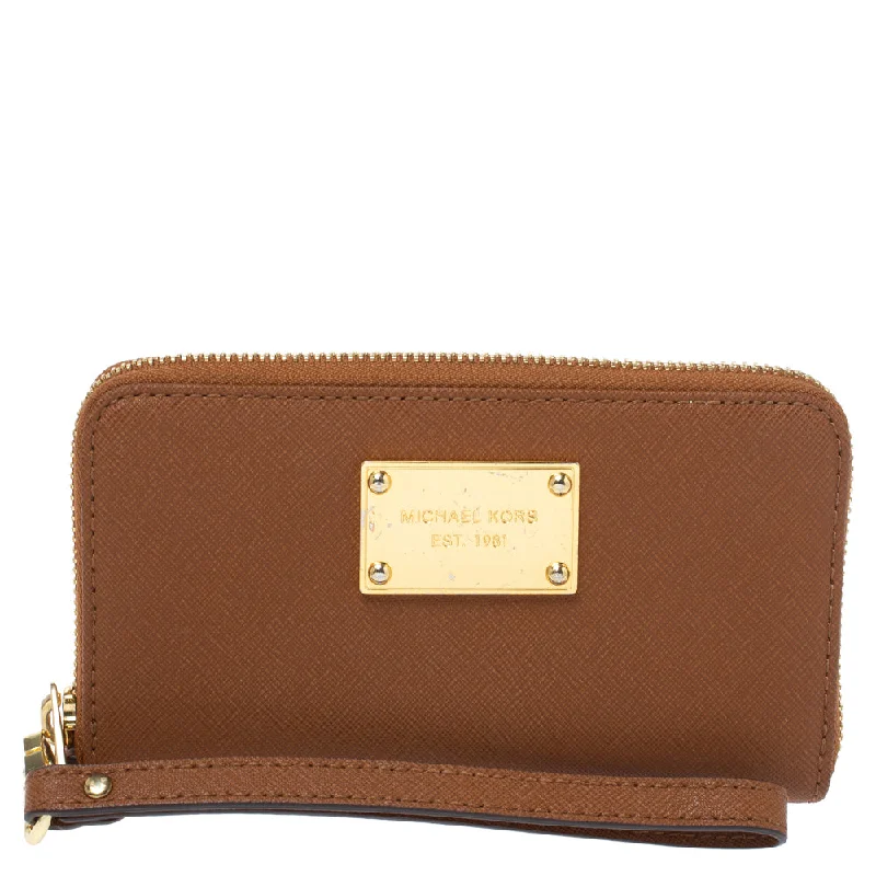 Brown Leather Jet Set Zip Around Wristlet Wallet