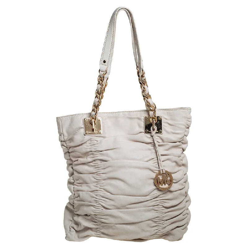 White Pleated Leather Chain Tote