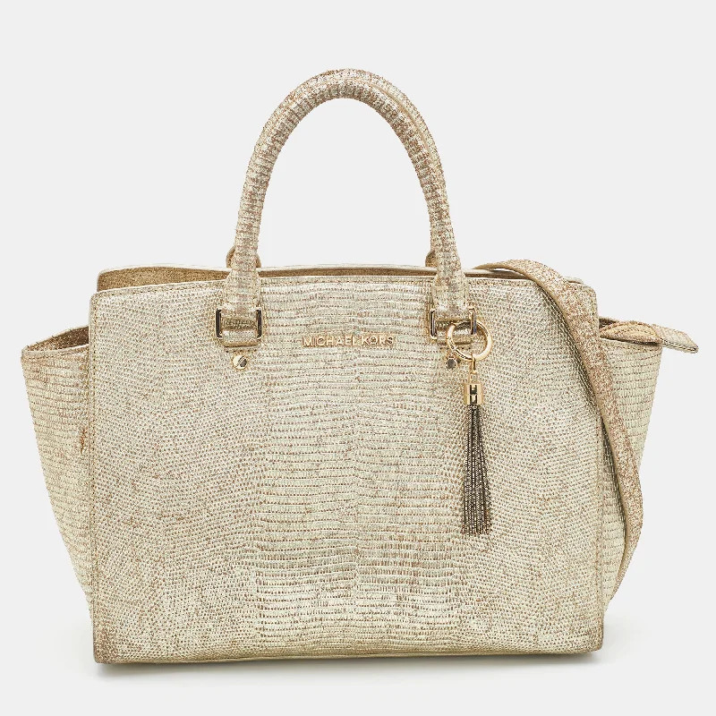 Gold Snakeskin Embossed Leather Large Selma Satchel