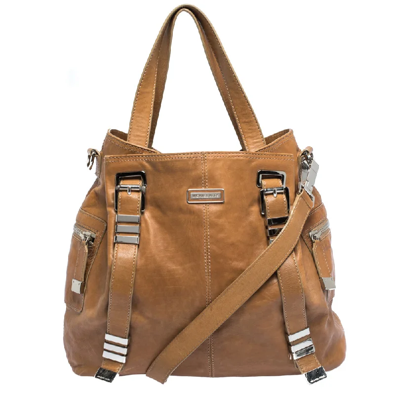 Tan Leather Buckle Strap Convertible Tote