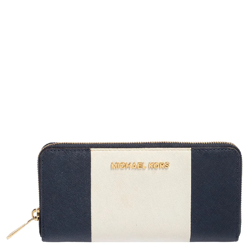 White/Blue Leather Jet Set Zip Around Wallet