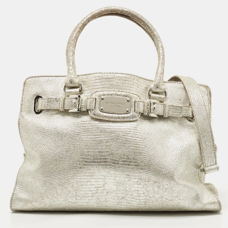 Silver Lizard Embossed Leather East West Hamilton Tote