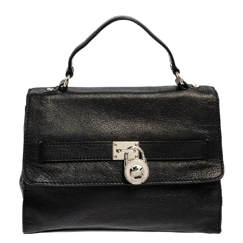 Black Pebbled Leather Padlock Flap Top Handle Bag