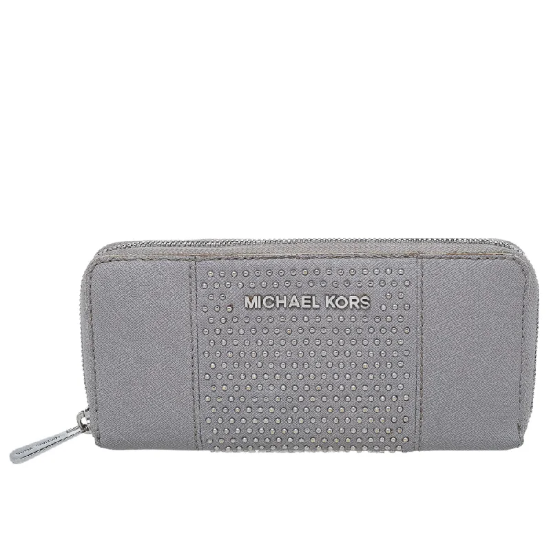 Grey Saffiano Leather Micro Stud Travel Zip Around Wallet