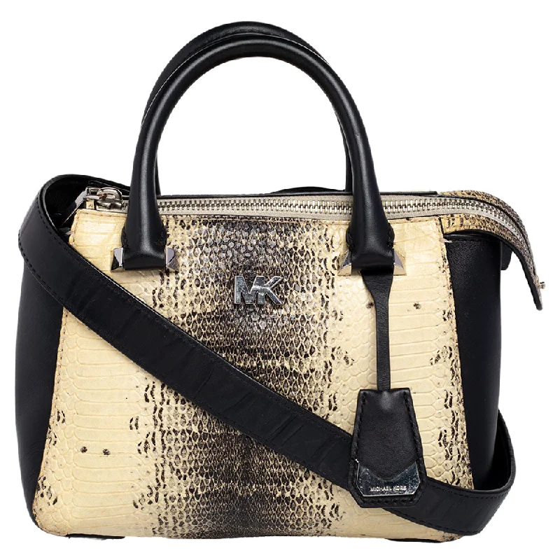 Beige/Black Python Embossed And Leather Satchel