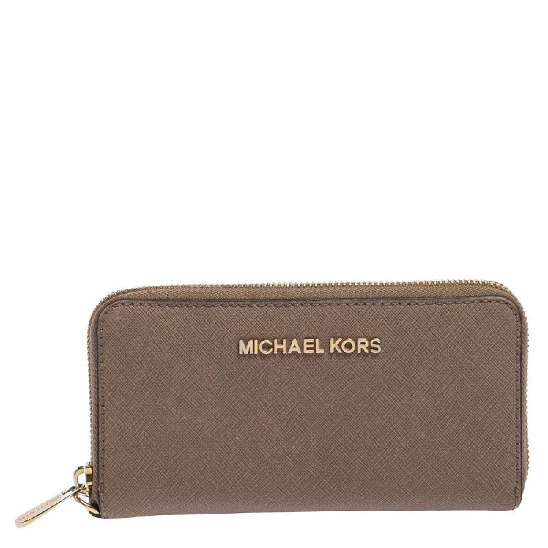 Beige Leather Zip Around Wristlet Wallet