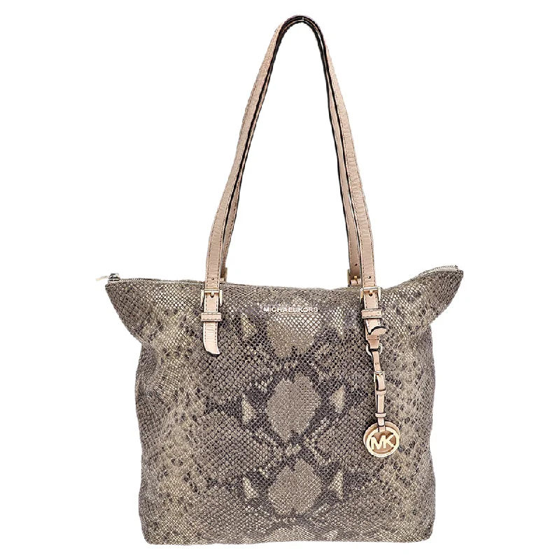 Khaki/Black Python Effect Leather Tote