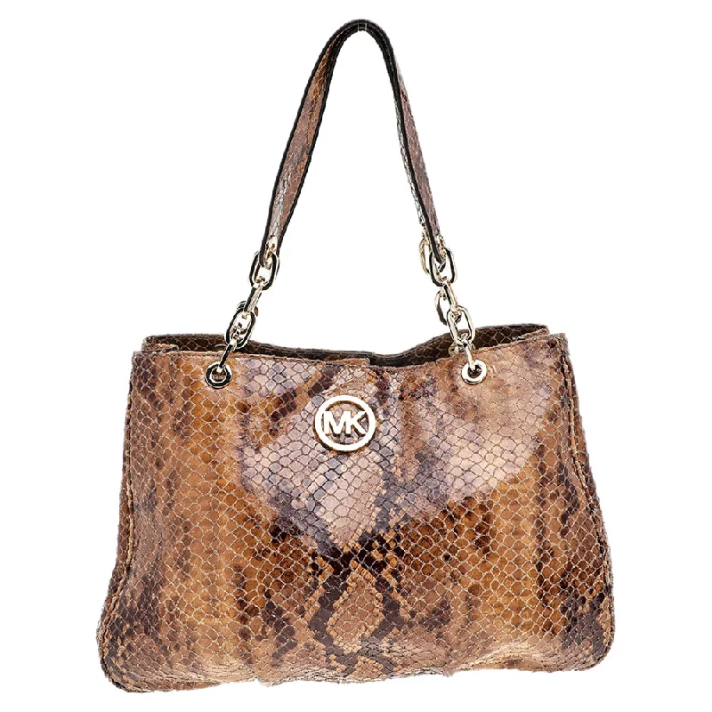 Brown Python Embossed Leather Tote