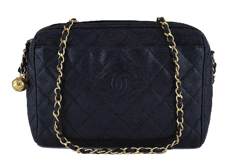 Chanel Vintage Black Caviar Classic Quilted Camera Case w Pocket Bag