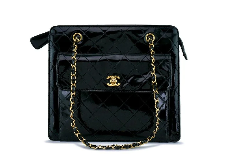 Chanel Black Vintage Patent Classic Quilted Flap Shopper Tote Bag