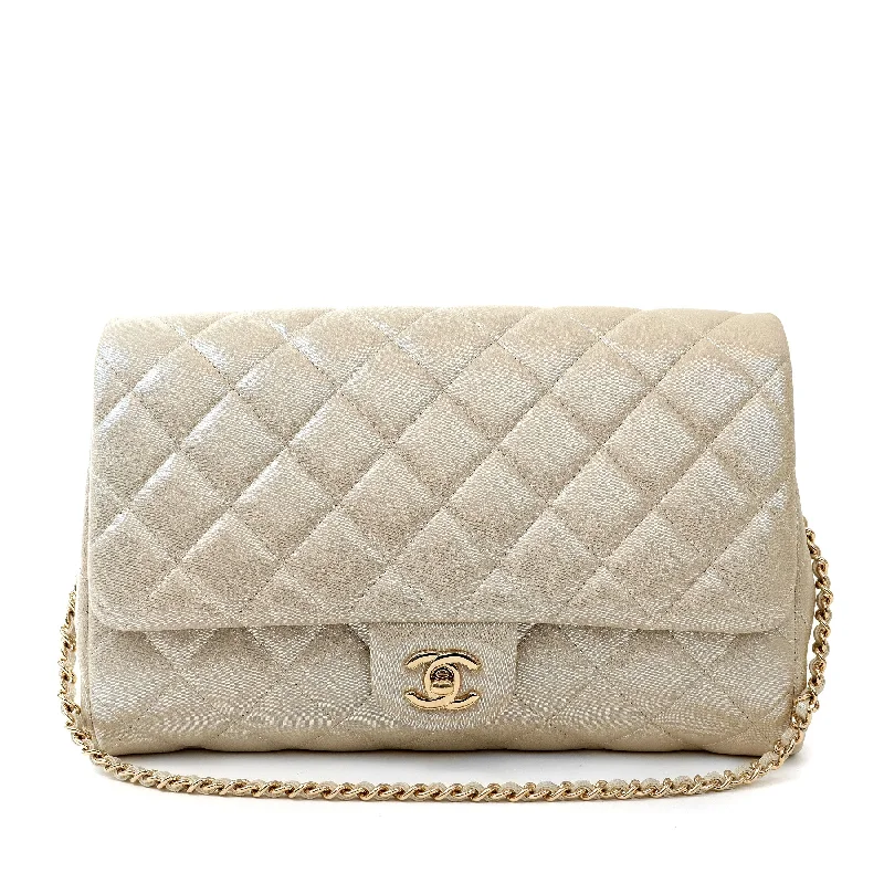 Chanel Metallic Gold Quilted Cloth Flap Bag w/ Gold Hardware