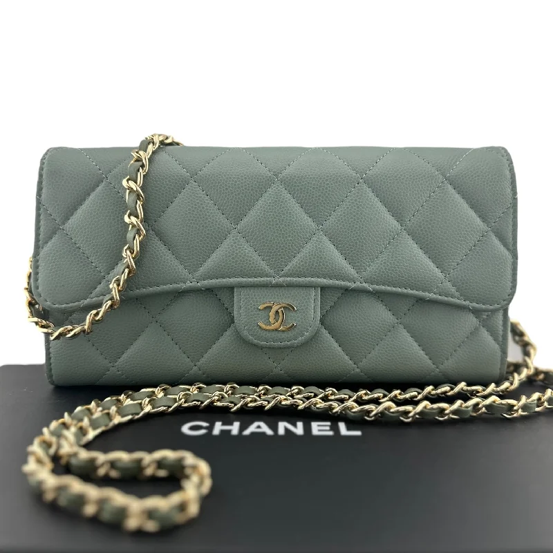 CHANEL Sage Caviar Leather Classic Flap Gusseted Wallet