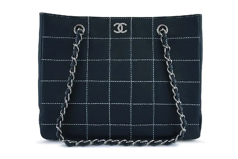 Chanel Navy Blue-Black Contrast Stitch Quilted Shopper Tote Bag