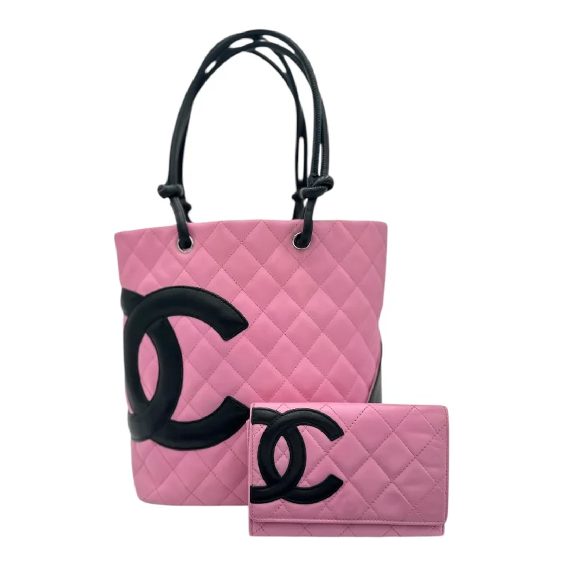 CHANEL Pink Lambskin Cambon Small Tote & Wallet Set