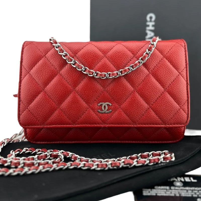 CHANEL Red Caviar Leather Wallet on Chain